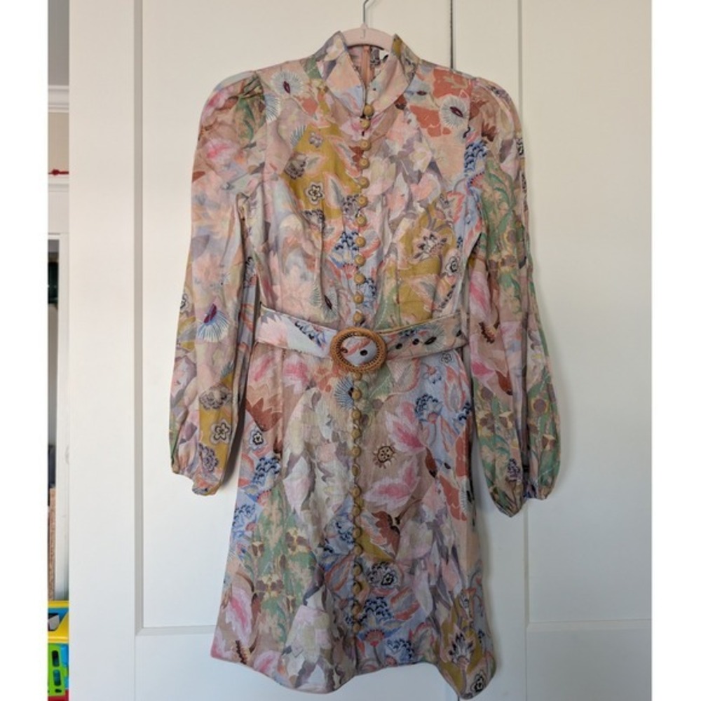 NWOT $950 Zimmermann Illustration Buttoned Belted Floral Linen Mini Dress size 0